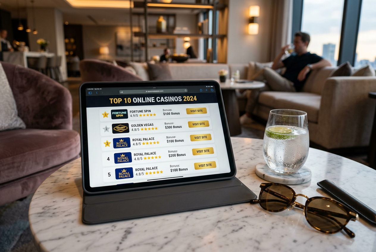 Eleganckie zestawienie najlepszych kasyn online na ekranie tabletu.