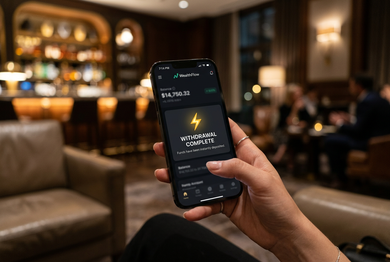 Smartfon wyświetlający powiadomienie o natychmiastowym przelewie z ikoną błyskawicy.